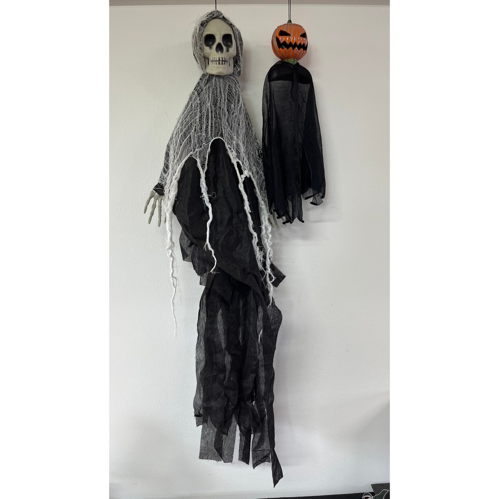 Halloween Hanging Skeleton Reaper Pumpkin Jack O Lantern Decor Set Black Spooky